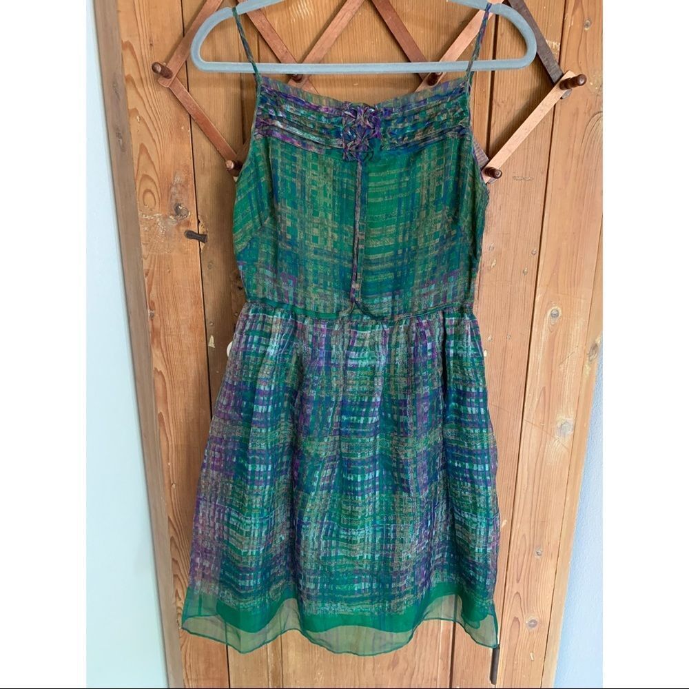 Leon Max green/blue print sheer silk dress
